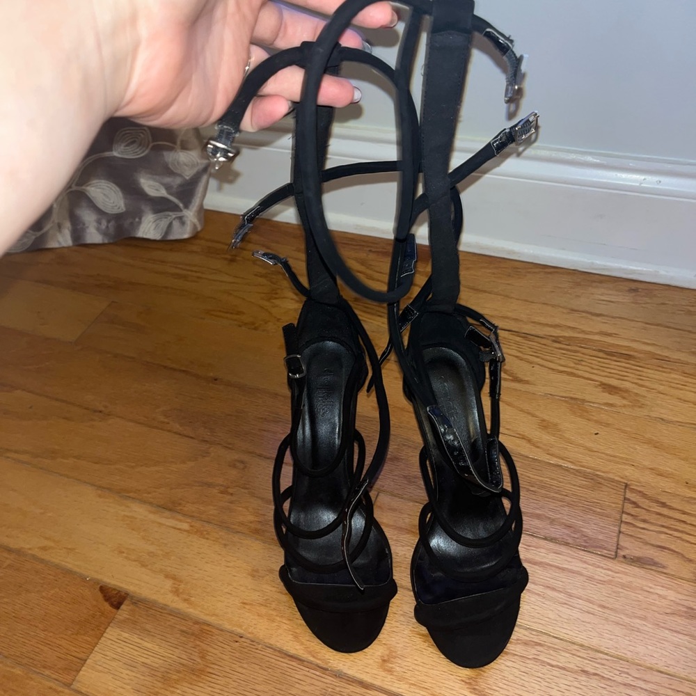 Strappy Black Suede Sandal Heels